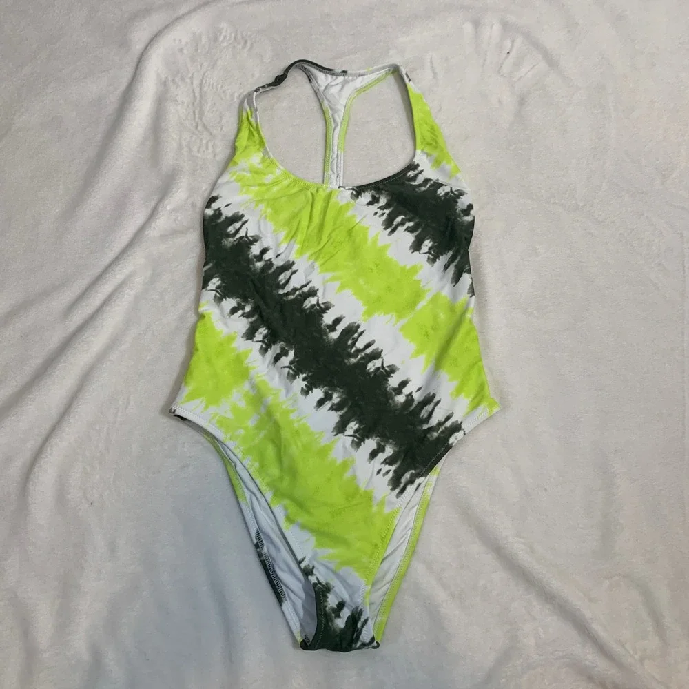 Aerie Tie Dye One Piece Swimsuit Neon Green Black‎ White Racerback Size M